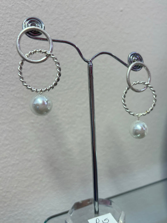 Double Hoop Silver Earrings with Pearl Drop