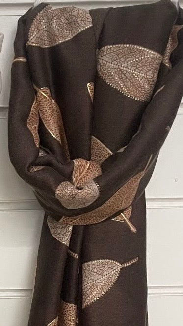 Chocolate Brown Scarf with Gold Leaf Detail