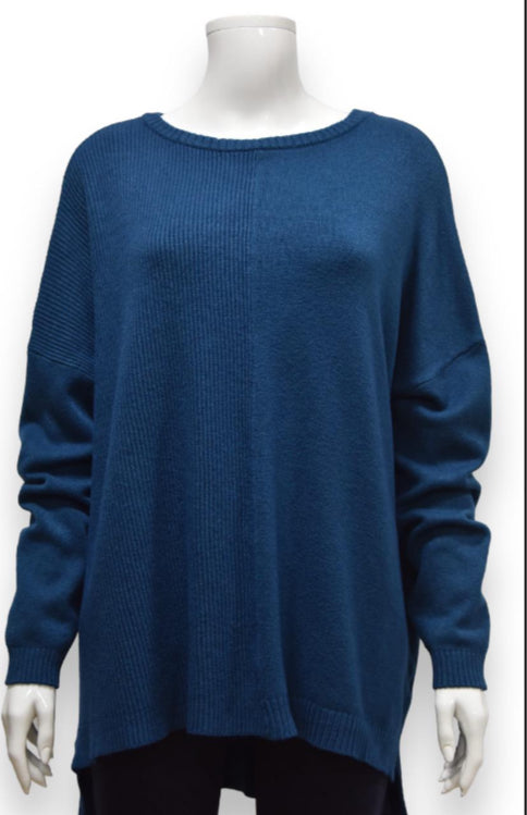 As Seen in Unique’s Video: Dipped Hem Ribbed Detail Soft Knit Italian Jumper in Teal, Oatmeal, Denim Blue & Navy