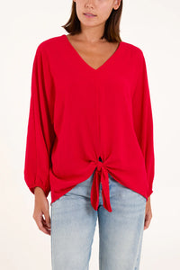 As Seen In Unique’s Video: V Neck Front Tie Blouse in Red