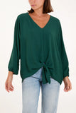 As Seen in Unique’s Video: V Neck Front Tie Blouse in Green