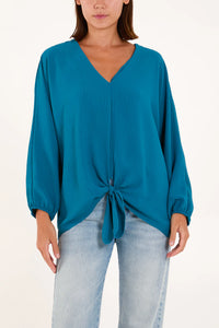 As Seen in Unique’s Video: V Neck Front Tie Blouse in Teal