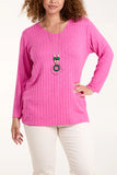 As Seen in Unique’s Video: Ribbed Soft Knit V Neck Jumper with Necklace. In 4 Colours.