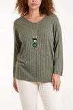 As Seen in Unique’s Video: Ribbed Soft Knit V Neck Jumper with Necklace. In 4 Colours.