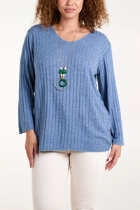 As Seen in Unique’s Video: Ribbed Soft Knit V Neck Jumper with Necklace. In 4 Colours.