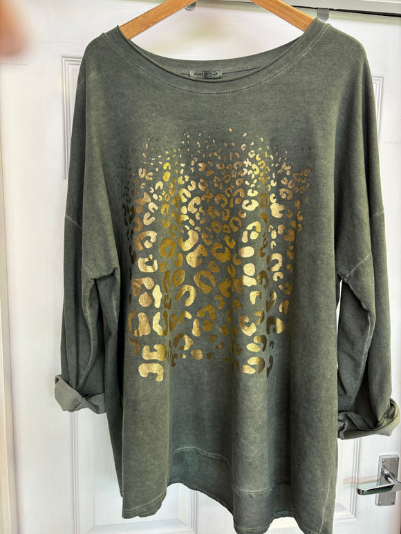 As Seen in Unique’s Video: Khaki Cotton Gold Foil Print Top