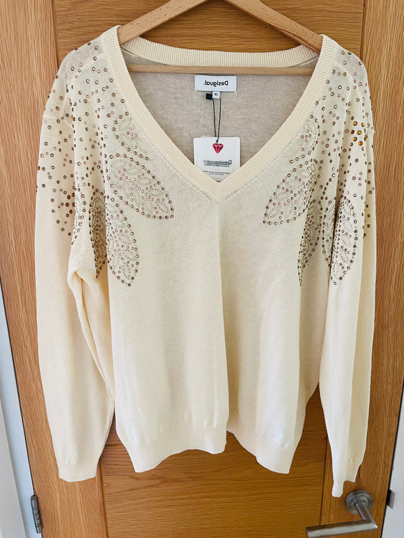 Desigual Embellished Cotton Mix Jumper - Size XL