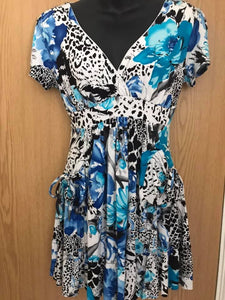 V Neck Blue Print Dress/Tunic with Pockets: REDUCED