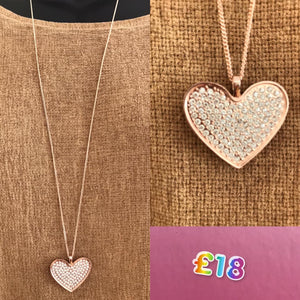 Long Gold Delicate Chain Necklace with Diamante Heart Pendant