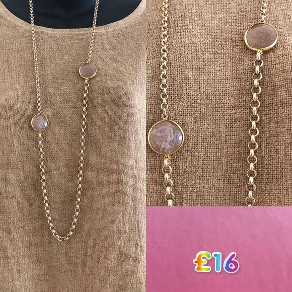 Long Gold Chain Necklace with Moonstone Affect Detail