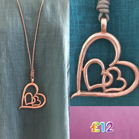 Mock Leather Long Necklace with Bright Rose Gold Detail Heart Pendant