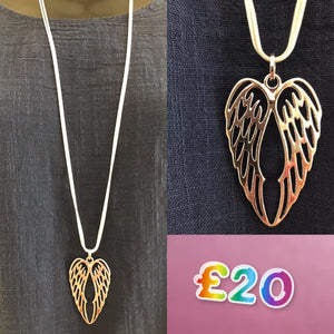 Long Chain Necklace with Angel Wings Pendant in Rose Gold & Silver