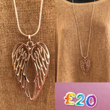 Long Chain Necklace with Angel Wings Pendant in Rose Gold & Silver