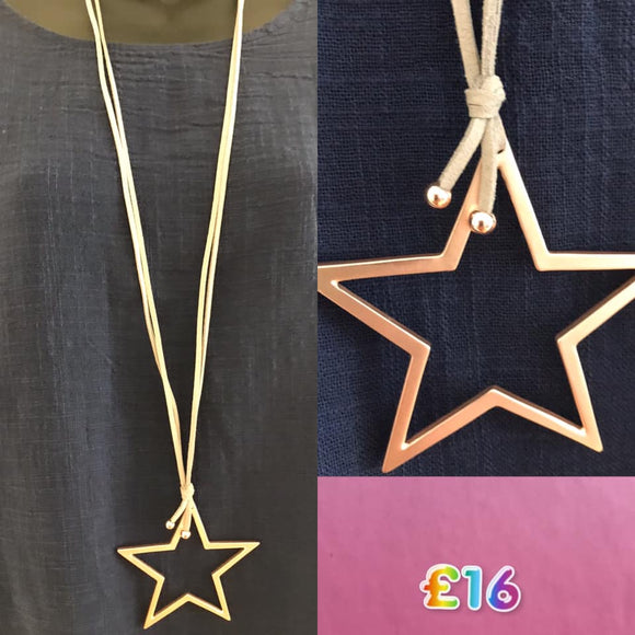 Long Suede Necklace with Rose Gold Open Star Pendant