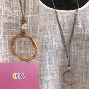 Long Leather Necklace with Large Irregular Textured Circle in Matt Rose Gold