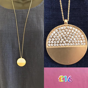 Delicate Long Gold Necklace with Diamante Detail on a Circular Pendant