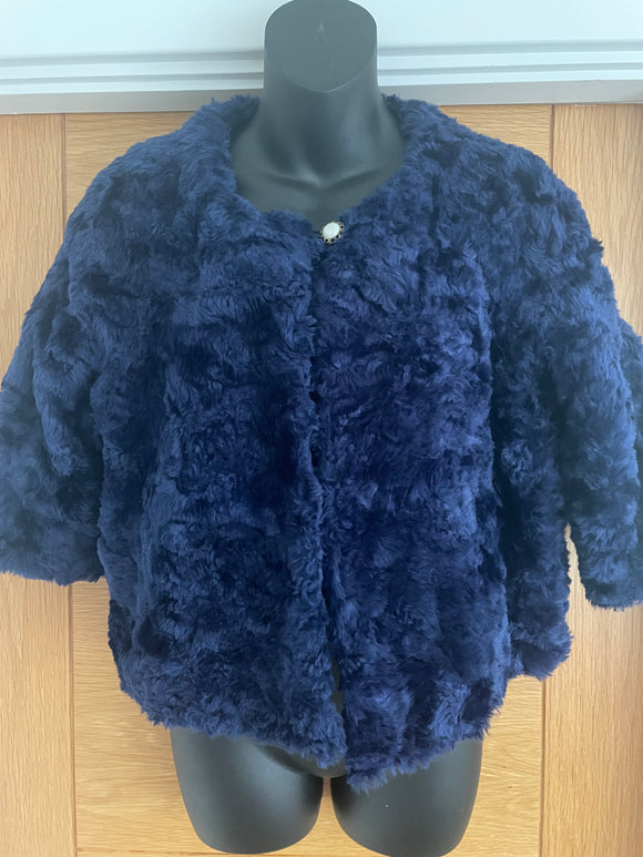 Faux Fur Navy Jacket with Pearl Button Detail - Size 12