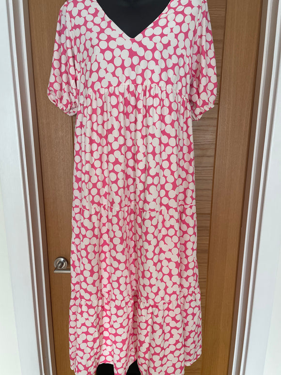 Fully Lined Pink & Cream Polka Dot Maxi Dress - Size 10