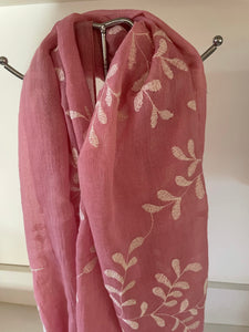 Pink Scarf with Cream Embroidered Leaf Detail