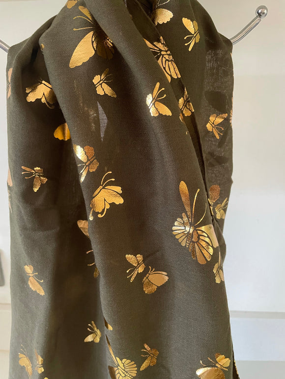 Olive Green Scarf With Gold Foil Butterflies