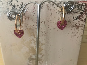 Pink Sparkle Heart Earrings on Gold Hoops