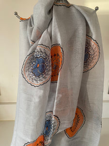 Grey, Orange & Blue Flower Print Scarf