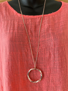 Long Silver & Gold Twisted Chain Necklace with Circle Pendant